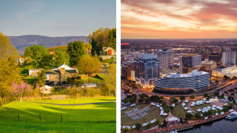 Split image: Left picture depicting rural Shenandoah Valley, VA. Right picture depicting downtown Norfolk, VA.